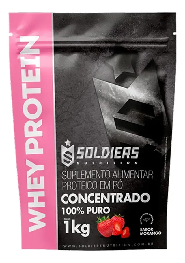 Embalagem de Whey Protein Concentrado Soldiers Nutrition 1 kg morango