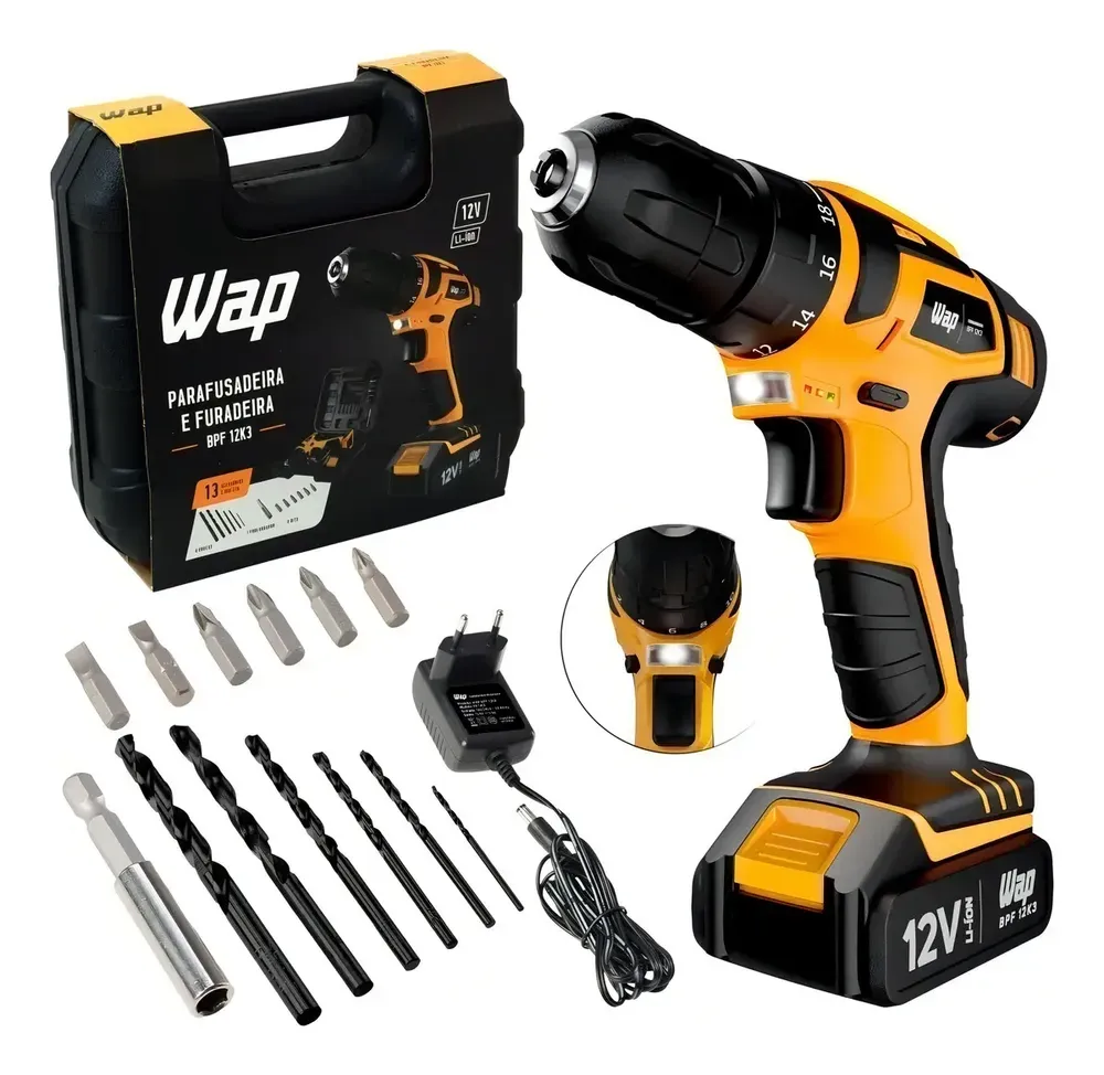 Parafusadeira e furadeira sem fio WAP BPF 12K3 12V com kit e maleta
