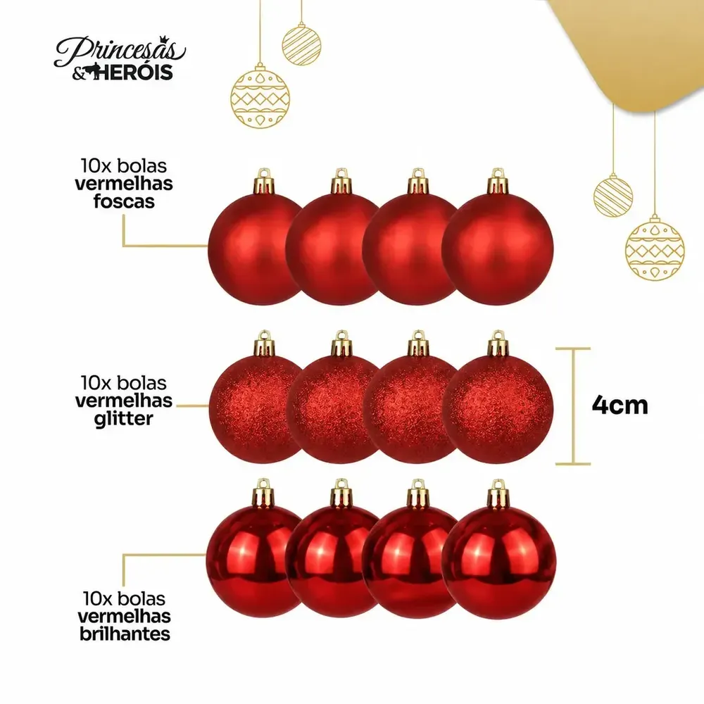 Kit de 30 bolas de Natal de 4 cm em acabamentos liso, fosco e glitter
